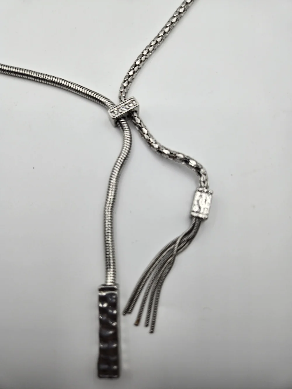Chico's Silvertone Lariat Necklace Tassel Hammered Bar Rhinestone Accent Classic